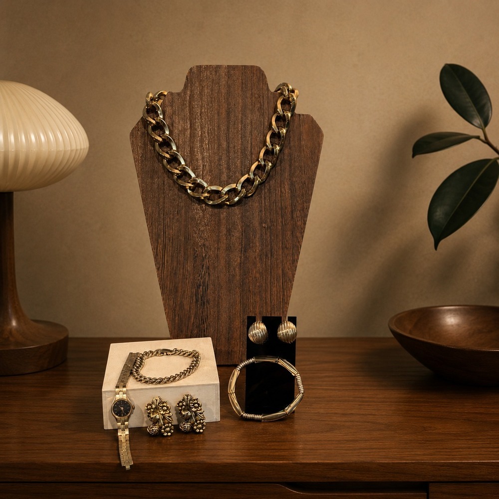 Bundle of gold tone vintage fashion jewlery necklaces, earrings, bracelets watch